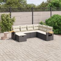 7-delige Loungeset met kussens poly rattan zwart