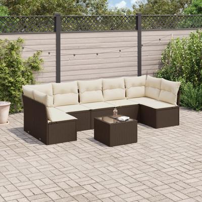 8-delige Loungeset met kussens poly rattan bruin