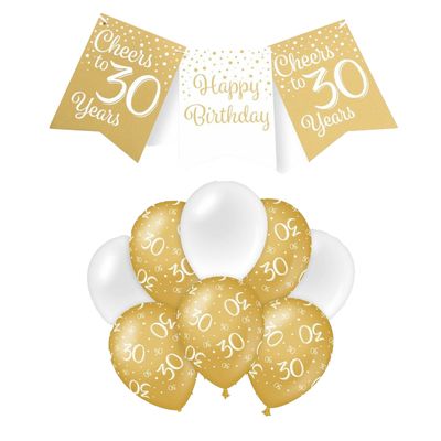 Paperdreams Luxe 30 jaar feestversiering set - Ballonnen & vlaggenlijnen - wit/goud