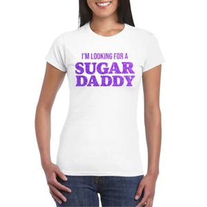 Verkleed T-shirt voor dames - sugar daddy - wit - glitter paars - carnaval/themafeest