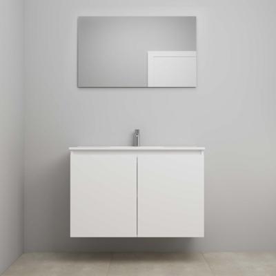 On-Line Badkamermeubelset - 100 cm - Bouwpakket - Greeploos 2 Deuren - Porseleinen Wastafel - 1 Kraangat - Spiegel - Mat Wit