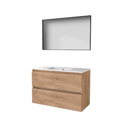 Basic-Line Framed 46 Badkamermeubelset - 100 x 46 cm - Greeploos - 2 Lades - Keramische Wastafel - 1 Kraangat - Spiegel met Zwart Aluminium Frame - Whisky Oak