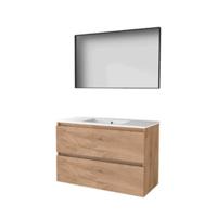 Basic-Line Framed 46 Badkamermeubelset - 100 x 46 cm - Greeploos - 2 Lades - Keramische Wastafel - 1 Kraangat - Spiegel met Zwart Aluminium Frame - Whisky Oak