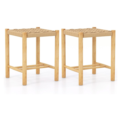 Set van 2 Barkrukken van Hout Barstoel Zithoogte 45 cm Keukenstoel van Gevlochten Papier Barkruk Bistrokruk (36 x 36 x 45 cm)