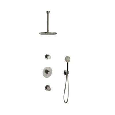 Hotbath Cobber - Inbouw Regendoucheset - Geborsteld Nikkel - 2 Stopkranen - Thermostatisch - Plafondbuis 30 cm - Hoofddouche 300 mm - Ronde Handdouche 3 Standen - Waterbesparend