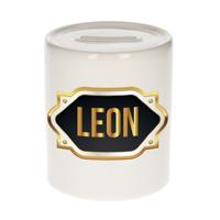 Spaarpot met voornaam Leon - wit - goud/zwart embleem - 8 x 9 cm - keramiek - afsluitdop