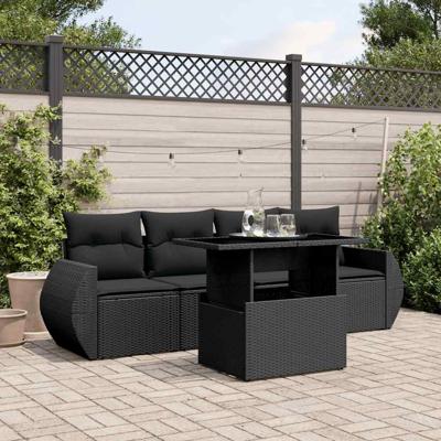 5-delige Loungeset met kussens poly rattan zwart