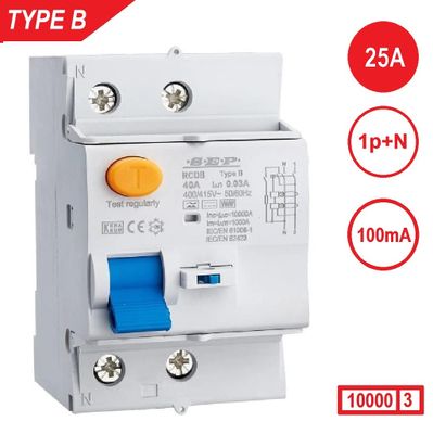 SEP RCDB Aardlekschakelaar 1p+N, 25A, 100mA, Type B, 10kA (54mm) 230V 1F