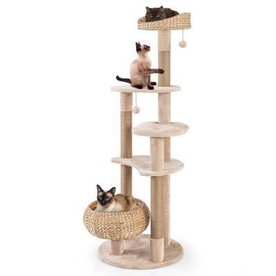 164 cm Krabpaal Kattenboom met Zitstang en Mandbed Klimboom met 6 Verdiepingen Kattenkrabpaal Katten Beige + Natuurlijke