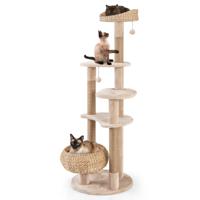 164 cm Krabpaal Kattenboom met Zitstang en Mandbed Klimboom met 6 Verdiepingen Kattenkrabpaal Katten Beige + Natuurlijke