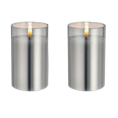 2x stuks luxe led kaarsen in grijs glas D7,5 x H12,5 cm met timer