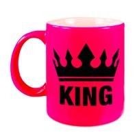Cadeau King mok/ beker fluor neon roze met zwarte bedrukking 300 ml   -
