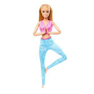 Mattel Barbie Made to Move met roze sporttop en blauwe yogabroek pop