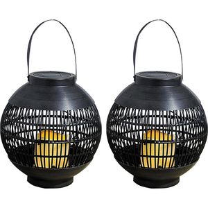 2x Buiten/tuin zwarte rotan lampionnen/hanglantaarns 23 cm solar tuinverlichting