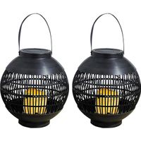 2x Buiten/tuin zwarte rotan lampionnen/hanglantaarns 23 cm solar tuinverlichting