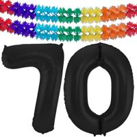 Leeftijd folie ballonnen - Leeftijd cijfer 70 - zwart - 86 cm - en 2x feestslingers gekleurd