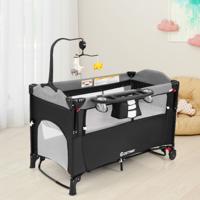 Baby Ledikant 5-In-1 Converteerbaar Babybedje met Verschoontafel Opbergzak Hangend Speelgoed & Draagtas Zwart