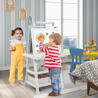3-In-1 Kinderschildersezel Kinderbord Dubbelzijdig Whiteboard & Krijtbord & Tekenpapier Staand Bord Incl. Magneten 2 Legplanken (Beige)