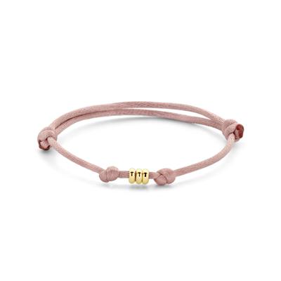 Zachtroze Satijnen Armband met 3x 14k Gouden Ringen - Verstelbaar 13-26 cm