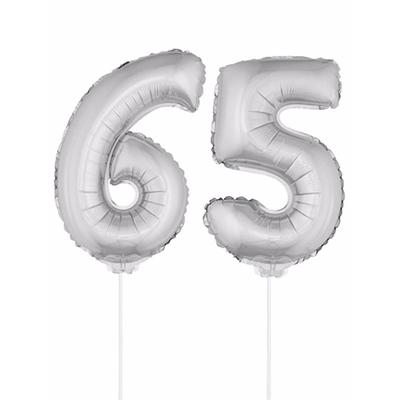 65 jaar leeftijd feestartikelen - versiering cijfers - zilver - ballonnen op stokje - van 41 cm 65 jaar leeftijd feestartikelen - versiering cijfers - zilver - ballonnen op stokje - van 41 cm