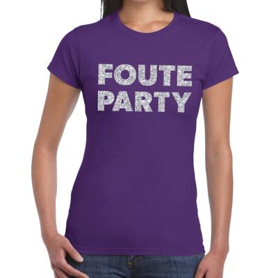 Foute Party verkleed t-shirt - zilveren glitter tekst - paars - voor dames - Party kleding