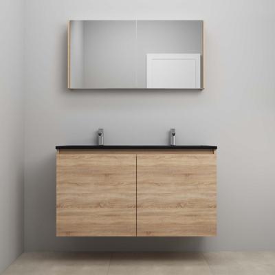 On-Line Badkamermeubelset - 120 cm - Bouwpakket - Greeploze Ladestructuur - Acryl Wastafel - 2 Kraangaten - Spiegelkast - Eiken - V01