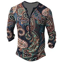 Voor heren T-shirt Boho / Paisley / Damast Henley Kraag Kleding 3D-afdrukken Dagelijks Lange mouw Vintage Lightinthebox