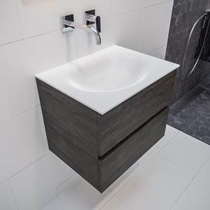 Mondiaz Vica Moon badmeubel eiken donker bruin 60 cm 2 lades solid surface enkele spoelbak midden zonder kraangat