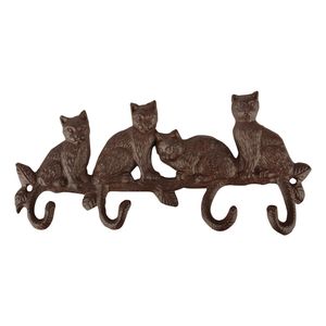 Gietijzeren kapstok/wandrekje met 4 kattenstaart haken 29 cm bruin - Dieren katten kapstokken - Wandrekjes met haken