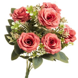 Rozen kunstbloemen boeket - 6x - roze - H43 cm
