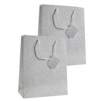 Set van 4x stuks luxe papieren giftbags/cadeau tasjes zilver met glitters 21 x 26 x 10 cm   - - thumbnail