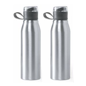 Aluminium waterfles/drinkfles - 2x - metallic zilver - met schroefdop - 700 ml