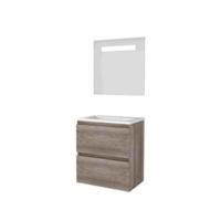Basic-Line Economic 39 Badkamermeubelset - Ondiep - 60 x 39 cm - Greeploos - 2 Lades - Acryl Wastafel - 1 Kraangat - Spiegel met LED Verlichting - Scotch Oak