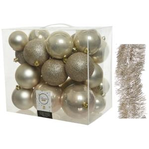 Kerstversiering kerstballen 6-8-10 cm met folieslingers pakket parel/champagne van 28x stuks - Kerstbal