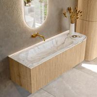 Badmeubel Mondiaz Kurve-Dlux | 135 cm | Meubelkleur Oak | Wastafelkleur Glace | Solid surface | Links spoelbak | Zonder kraangat(en)