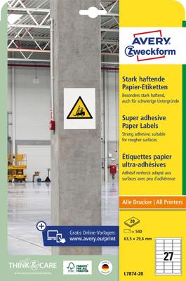 Avery sterk klevende papieren etiketten, ft 63,5 x 29,6 mm, pak van 540 etiketten