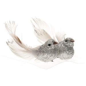 2x Kerstboomversiering glitter zilver vogeltje op clip 10 cm