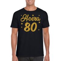 Hoera 80 jaar verjaardag cadeau t-shirt goud glitter op zwart heren - thumbnail