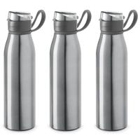 Waterfles - 3x - 650 ml - aluminium - klepdop - handvat - zilver - sportfles - bpa-vrij