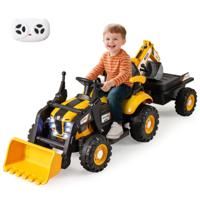 Elektrotractor met Aanhanger & Schep & Afstandsbediening 12V Zittractor Zitgraafmachine Geel