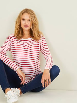 Crossover T-shirt voor zwangerschap en borstvoeding wit met rode strepen