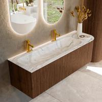 Badmeubel Mondiaz Kurve-Dlux | 145 cm | Meubelkleur Walnut | Wastafelkleur Glace | Solid surface | Links spoelbak | 2 kraangaten