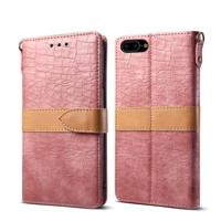 iPhone 7 Plus & 8 Plus tweekleurig Krokodil structuur PU leren Flip Hoesje met houder, draagriem en opbergruimte voor pinpassen & geld (roze)