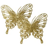 Decoratie vlinders op clip - 2x - goud - 13 cm - glitter - thumbnail