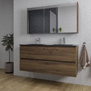 Adema Chaci Badkamermeubelset - 120x46x57cm - 2 keramische wasbakken zwart - 2 kraangaten - 2 lades - Spiegelkast - noten (hout) SW718699/SW761657/SW812069/SW812073