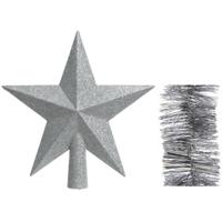 Kerstversiering kunststof glitter ster piek 19 cm en folieslingers pakket zilver van 3x stuks - kerstboompieken - thumbnail
