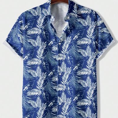 Bon&Bon Men's Tropical Plant Print Short Sleeve Boho Button Up Shirt Blue / S
