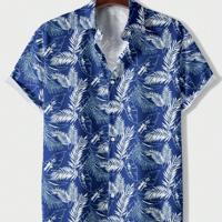 Bon&Bon Men's Tropical Plant Print Short Sleeve Boho Button Up Shirt Blue / S