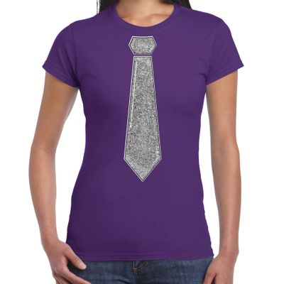 Verkleed t-shirt voor dames - stropdas glitter zilver - paars - carnaval - foute party Verkleed t-shirt voor dames - stropdas glitter zilver - paars - carnaval - foute party