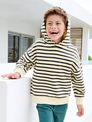 Gestreepte jongenssweater met capuchon marineblauw